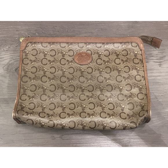 Vintage Celine Macadam Coated Canvas Clutch / Cosmetic Pouch Brown Leather Trim - Picture 1 of 6